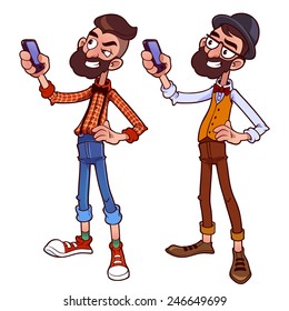 Two hipster with phone. Vector clip-art illustration on a white background.
