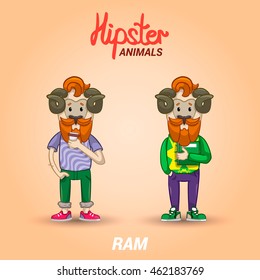 Two hipster ram. Animals students with a book and a cup of coffee