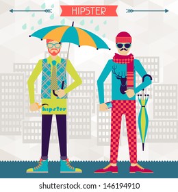 Two hipsters on urban background in retro style.