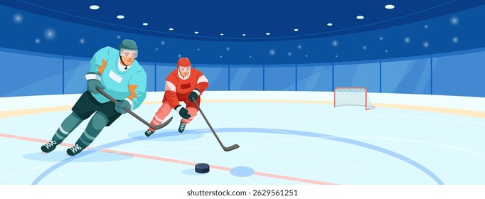 Two hockey players in action on an ice rink inside a stadium, flat cartoon style with blue background. Concept of competition and sports. Vector illustration