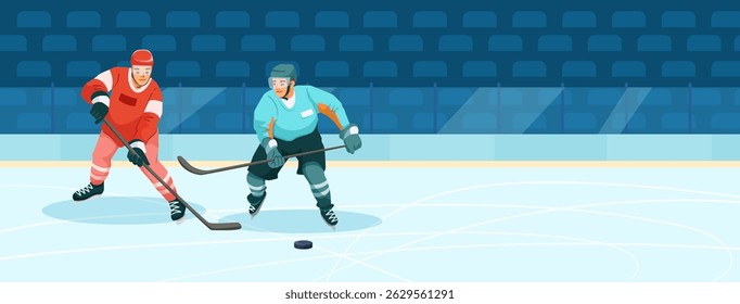 Two hockey players in action on ice rink, flat graphic style, with empty stadium seats background, concept of competition and teamwork. Vector illustration