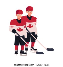 Two hockey players in Canadian uniform with maple leaf standing and holding sticks, cartoon vector illustration isolated on white background. Full length portrait of two Canadian hockey players