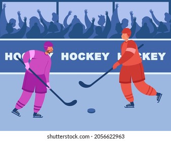 Two hockey players of different teams fighting for puck. Ice hockey championship with spectators free flat vector illustration. Sport, championship, competition, games concept for wallpaper or adverts