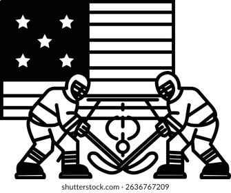 Two hockey players are fighting on a hockey rink with the American flag in the background