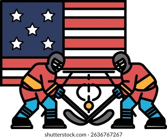 Two hockey players are fighting on a hockey rink in front of the American flag. The flag is red, white, and blue