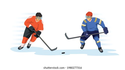 Two hockey players are fighting for possession of the puck.