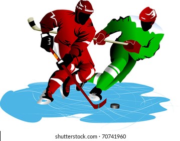 two hockey players fighting for possession of the puck;