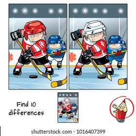 Two hockey players on the hockey field. Find 10 differences. Educational game for children. Cartoon vector illustration