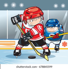 Dos jugadores de hockey en el campo de hockey. Ilustración vectorial de dibujos animados