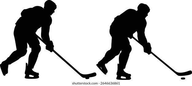 Two hockey players in silhouette, seen from the side, are positioned in a dynamic skating stance. vector 