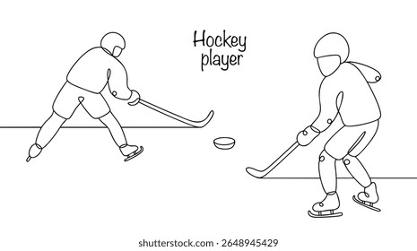 Two hockey players in special protective uniform playing hockey. Hand drawn dynamic team game on ice with puck and sticks. Simple vector on white background.