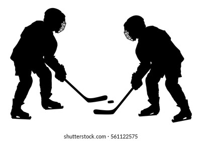 Two hockey players with sticks and washer in duel vector silhouette isolated on white background. Shoots the puck and attacks vector. Skating on ice. Hockey game on ice. Battle for win. Winter sport.