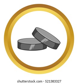 Two hockey pucks vector icon in golden circle, cartoon style isolated on white background