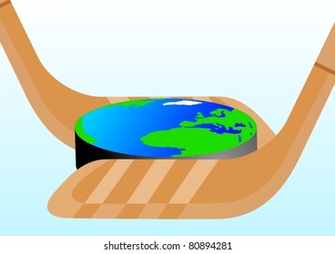 Two hockey sticks and hockey puck with the image on her globe.