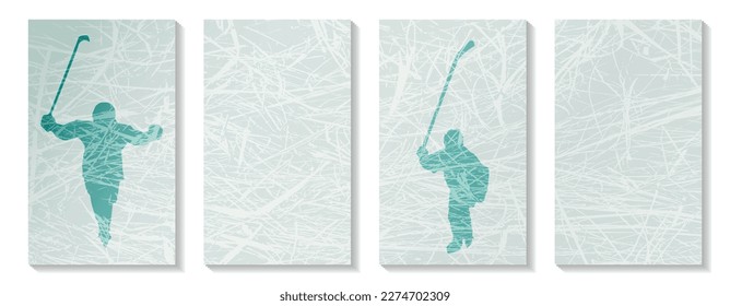 Two hockey winners players with a stick up on a ice background. The moment of victory. Sports illustration. Trendy set of minimalistic covers. Minimal sports wall art. Lifestyle design for wallpaper. 