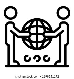Two are holding a globe icon. Outline two are holding a globe vector icon for web design isolated on white background