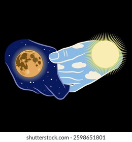 Two holding hands as day and night. Union of opposites. Creative concept.