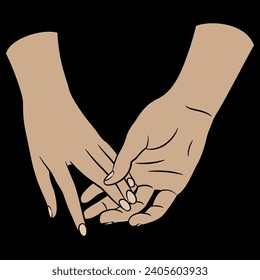 Two holding hands of lovers. Romantic design. Cartoon style. On black background.