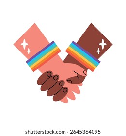 Two holding hands with rainbow pride colors