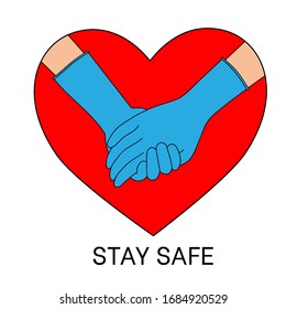Two holding hands wearing medical gloves, quarantine time, stay safe concept, social distance and self-isolation, outdoor lifestyle. Safehands hashtag. Stop coronavirus COVID 19