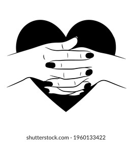 Dos de las manos humanas atadas con dedos entrelazados y corazón humano. Romántico concepto de amor de San Valentín. Silueta blanca y negra.