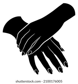 Dos sosteniendo manos humanas. Par de manos hembras atadas con elegante gesto plegado. Silueta negativa en blanco y negro. Estilo de caricatura.