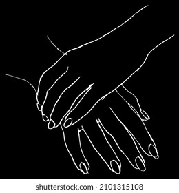 Dos sosteniendo manos humanas. Par de manos hembras atadas con elegante gesto plegado. Esbozo en bruto de doodle lineal dibujado a mano. Silueta blanca sobre fondo negro.