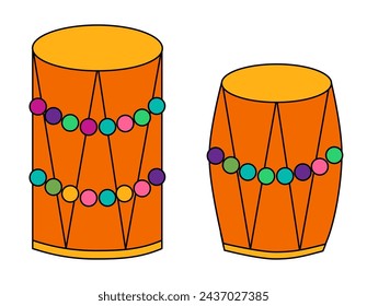 Two Holi Drums Dhol elements. Design for celebration of Indian festival of love and color. Vector cartoon flat illustration.