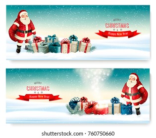 Two Holiday Christmas banners with a gift boxes and Santa Claus. Vector