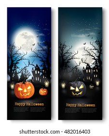 Two Holiday Halloween Banners with Pumpkins. Vector