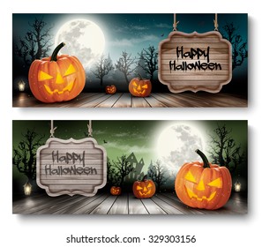 Two Holiday Halloween Banners With Wooden Sign. Vector