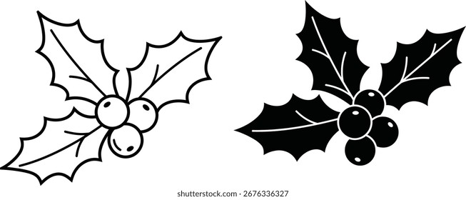 Two holly sprigs, one in outline and one in solid black, isolated on a white background. Christmas and holiday design element.