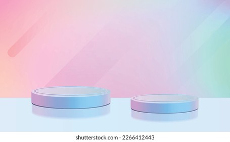 Two Hologram color podium cylinder display background pink blue light with clean wall in purple theme. 3D illustration rendering.