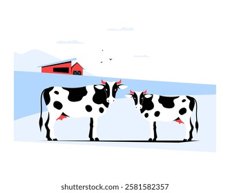 Two Holstein Cows in Flat Vector Illustration Symbolizing Dairy Farming, Animal Husbandry, and Rural Agriculture, Isolated on White Background