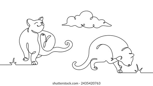 Two homeless cats are itching while sitting on the ground. Street animal with fleas. Vector illustration. Images produced without the use of any form of AI software at any stage.