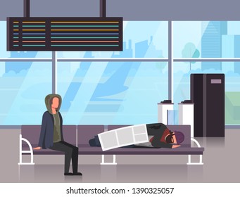Two homeless people man and woman characters sleeping on airport railway station. Social homeless poverty concept. Vector flat cartoon graphic design illustration