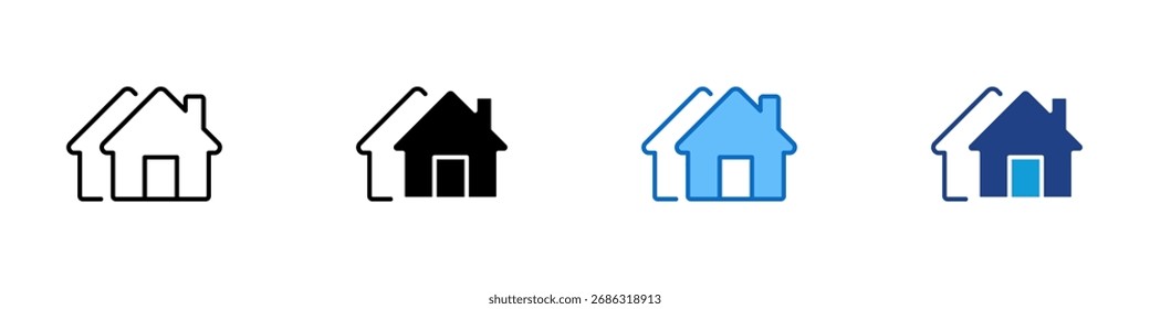 Vetor de design de ícone de estilo múltiplo de duas casas lado a lado, representando a comunidade habitacional, várias propriedades ou área residencial