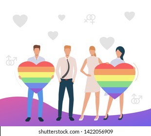 Two homosexual couples advertising LGBT pride. Men and women holding rainbow hearts. Homosexuality concept. Vector illustration can be used for topics like LGBTQ, gay, lesbian