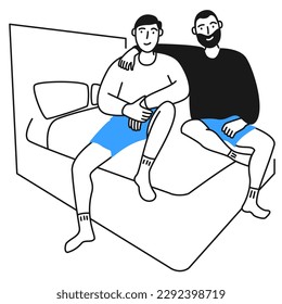 Two homosexual men sitting on bed flat vector illustration