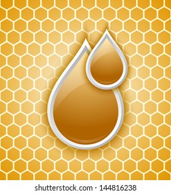 Two honey drops icon on honeycomb background