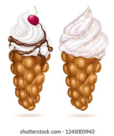 Two Hong Kong egg bubble waffles with whipped cream or ice-cream, sprinkled with color powder, decorated with cherry berry in chocolate topping 3d realistic vector illustration. Trendy confectionery