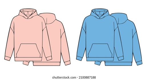 
zwei Hoodies. Männerjacke. Hoodie. Kleidung. rosa und blau. Vektorgrafik. Stil.