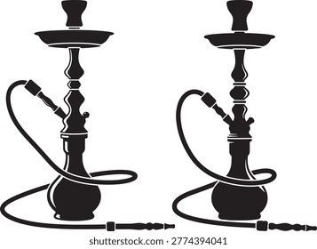 Two hookahs, tobacco smoking device, shisha pipe, ornate design, black silhouette graphics.