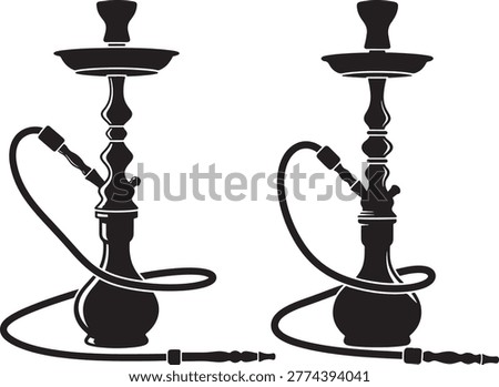 Two hookahs, tobacco smoking device, shisha pipe, ornate design, black silhouette graphics.