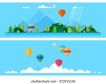 Two horizontal banner - Launch balloons. Group of balloons over the clouds