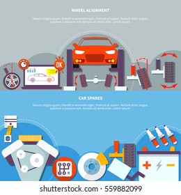 Two horizontal banner on auto service theme with wheel alignment and car spares design compositions flat vector illustration  
