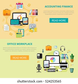 Two horizontal banners with accounting finance and office workplace design compositions with elements of office interior flat vector illustration