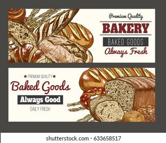 two horizontal banners with bakery, hand drawn illustrations, full color