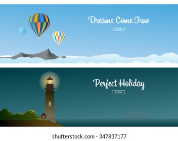 Dos banners horizontales. Globos sobre las nubes. El faro de la orilla