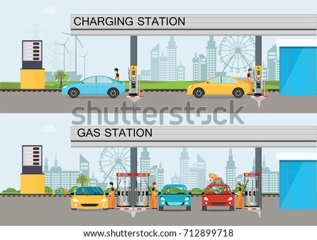 Two horizontal banners with charging station and Gasoline and oil station or gas filling station, Energy conceptual  Vector flat illustration.